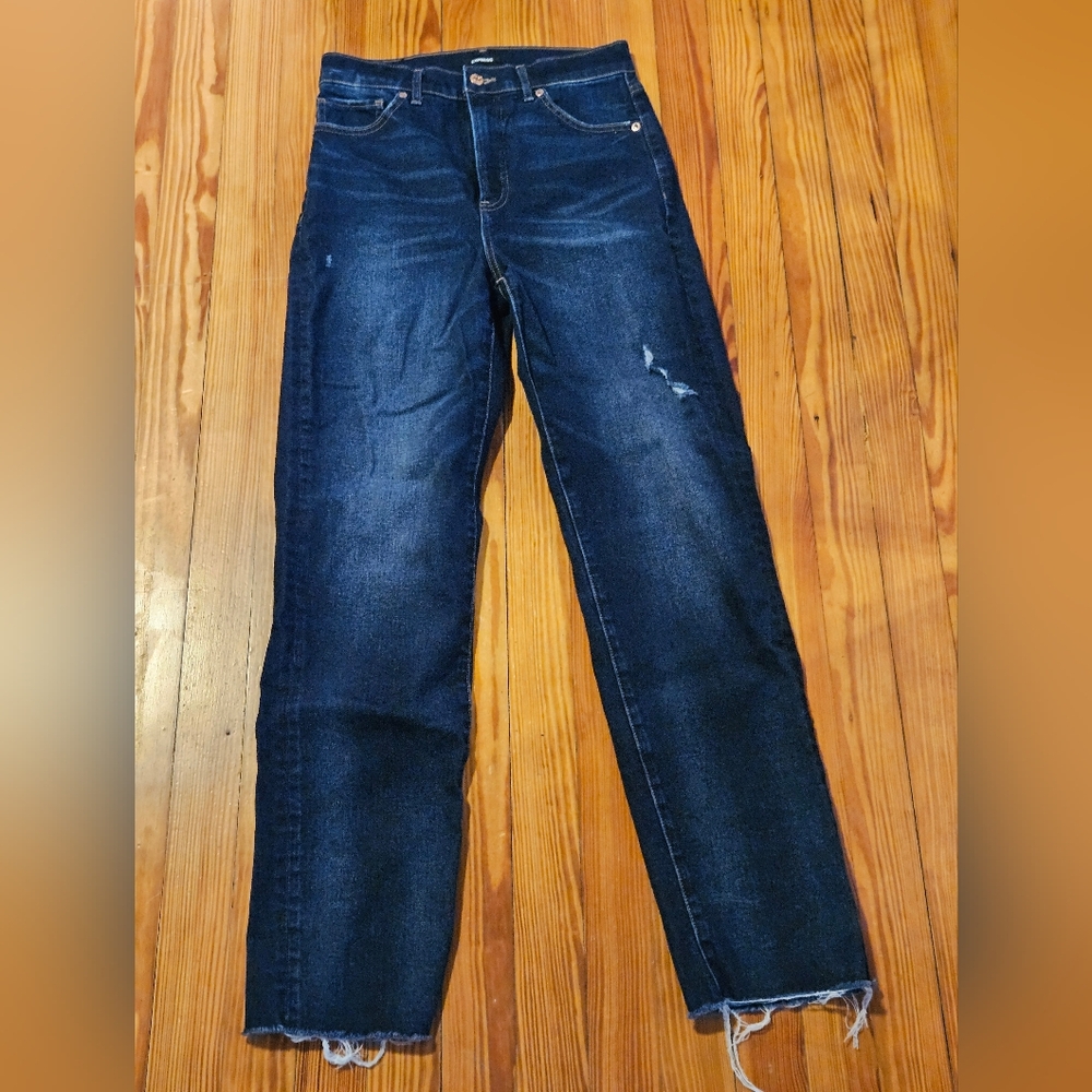 Express Modern Straight High Rise Jeans Women's 4R Blue Distressed Raw Hem